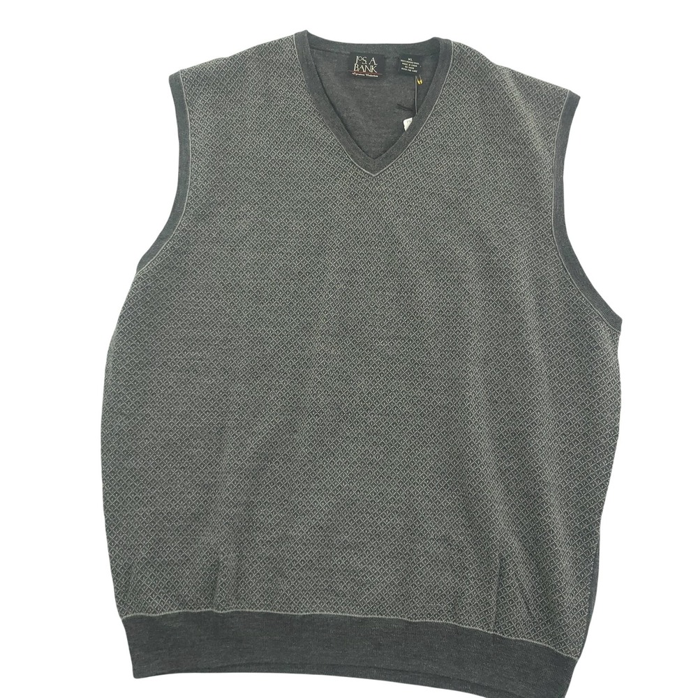 Jos A Bank Sweater Vest Mens XL Gray 100% Merino Wool V Neck Knit Geometric